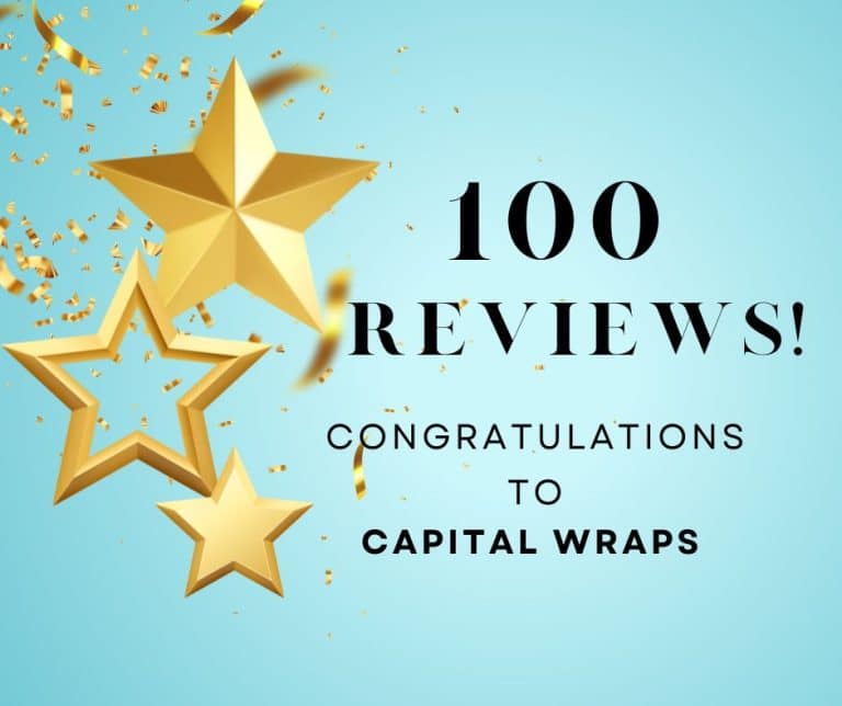 blue banner with gold stars reading "100 reviews! congratulations to capital wraps!"